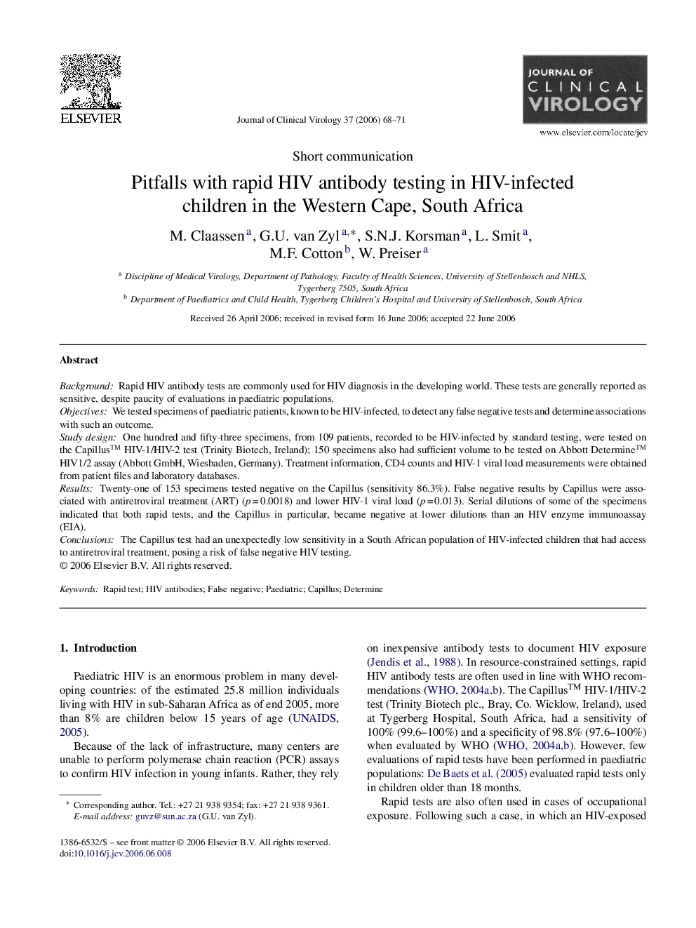 Pitfalls with rapid HIV antibody testing in HIV-infected children in the Western Cape, South Africa