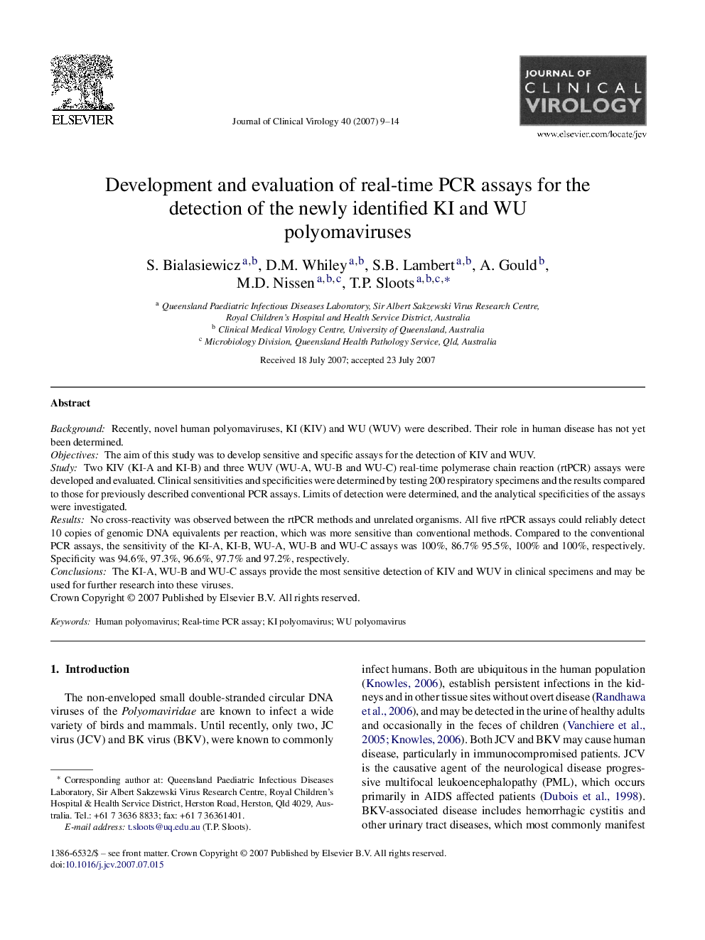 Development and evaluation of real-time PCR assays for the detection of the newly identified KI and WU polyomaviruses