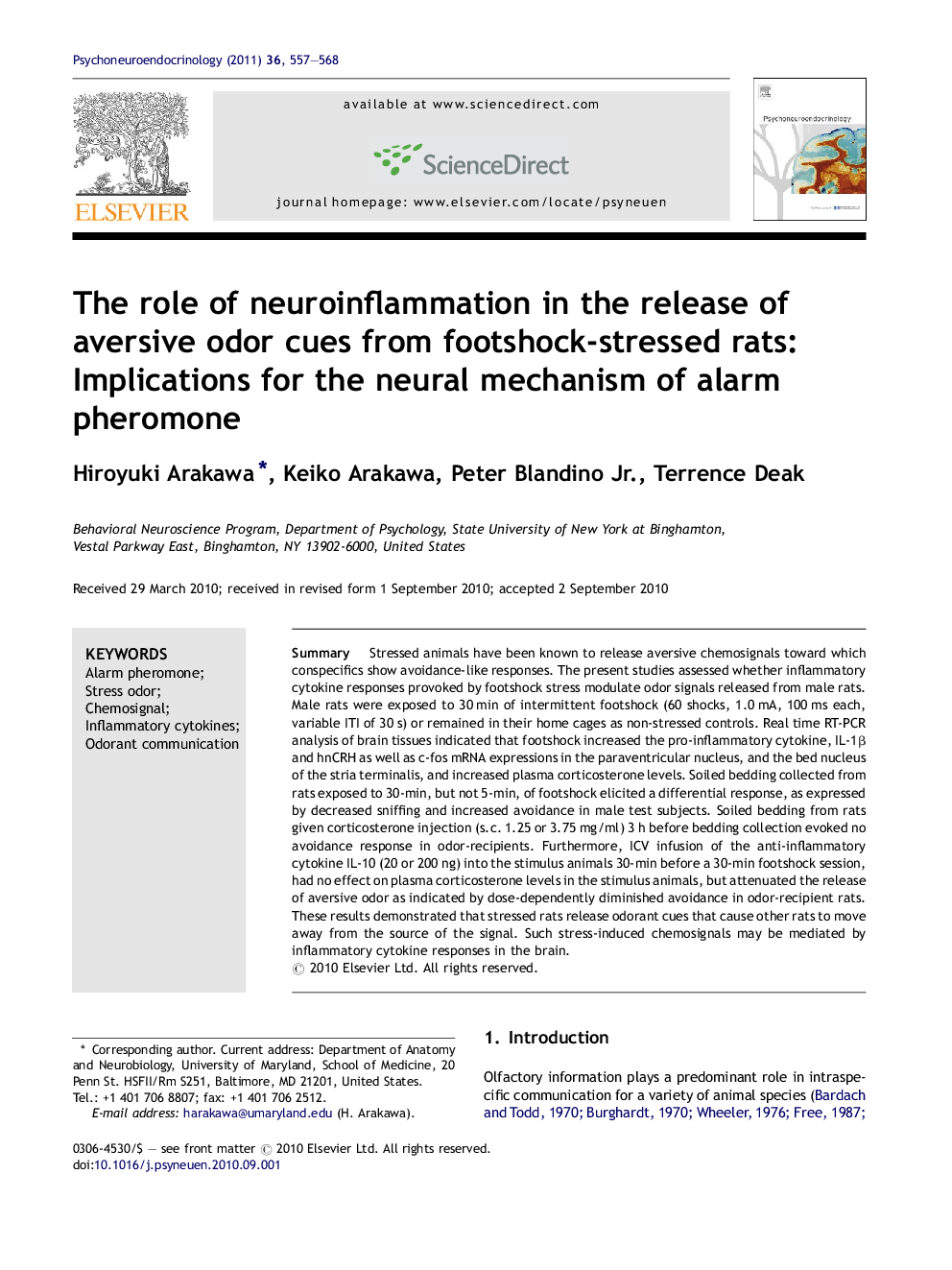 The role of neuroinflammation in the release of aversive odor cues from footshock-stressed rats: Implications for the neural mechanism of alarm pheromone