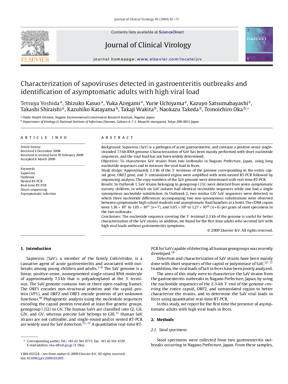 Characterization of sapoviruses detected in gastroenteritis outbreaks and identification of asymptomatic adults with high viral load