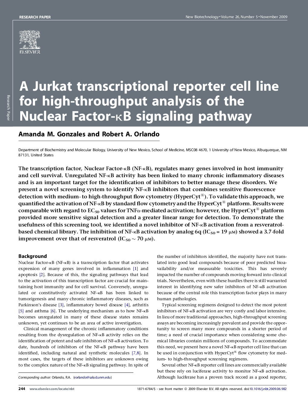 A Jurkat transcriptional reporter cell line for high-throughput analysis of the Nuclear Factor-κB signaling pathway