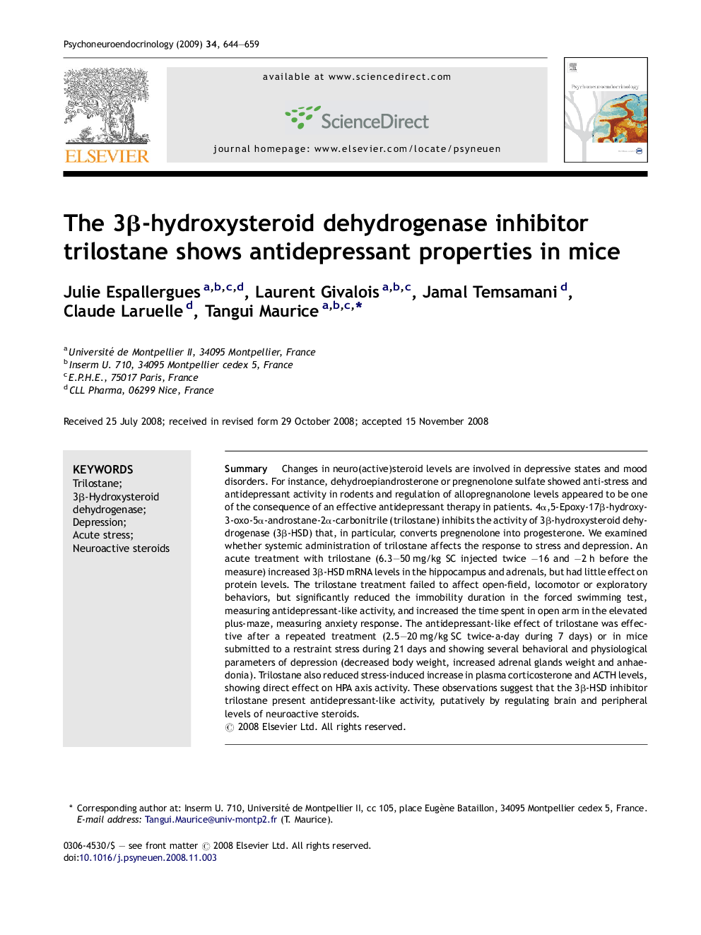 The 3β-hydroxysteroid dehydrogenase inhibitor trilostane shows antidepressant properties in mice