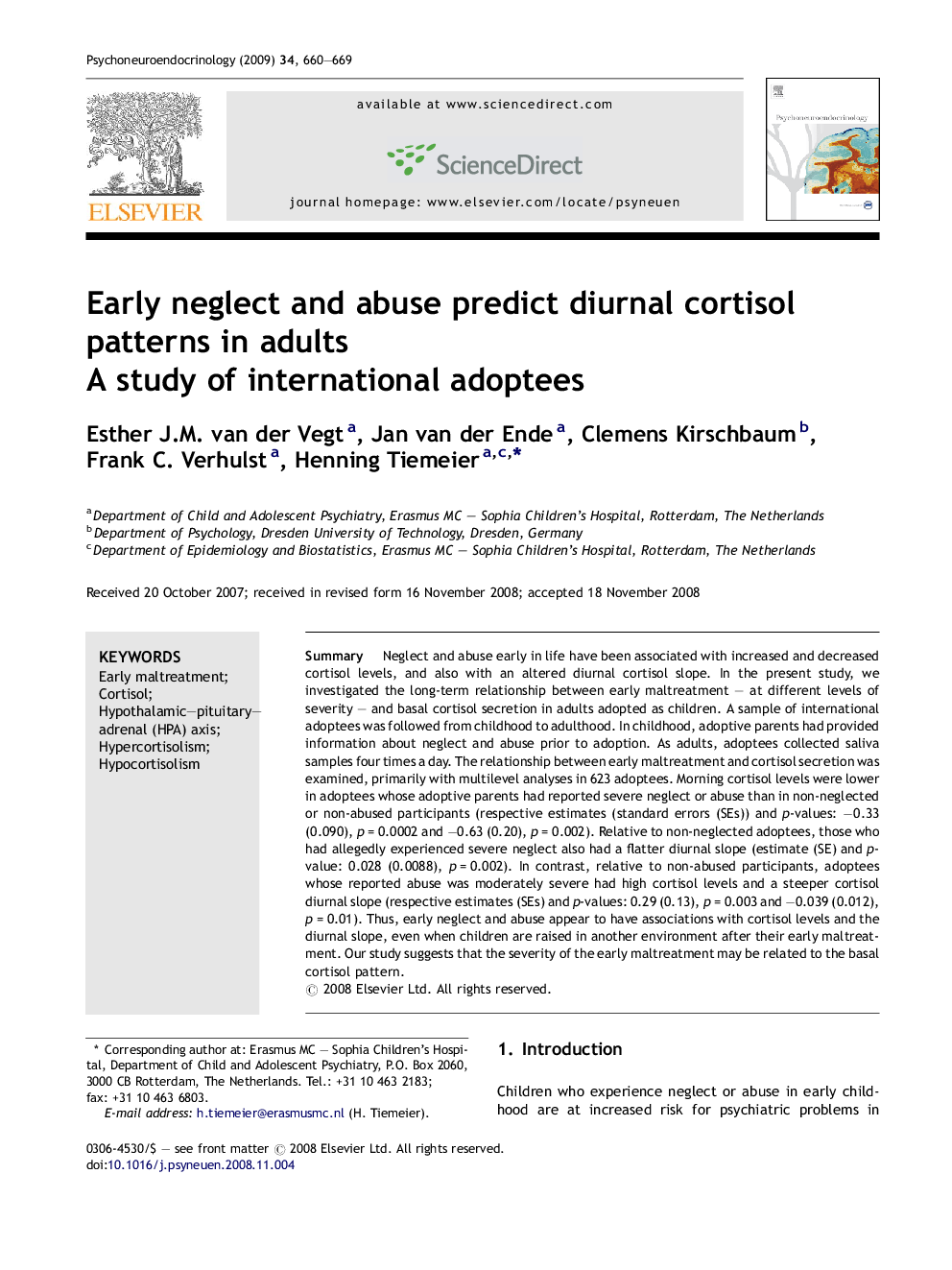 Early neglect and abuse predict diurnal cortisol patterns in adults: A study of international adoptees