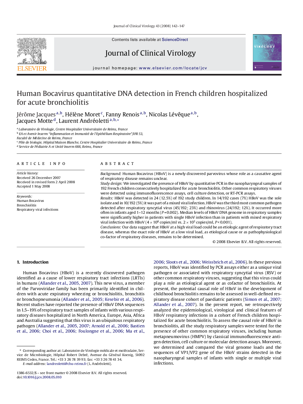 Human Bocavirus quantitative DNA detection in French children hospitalized for acute bronchiolitis