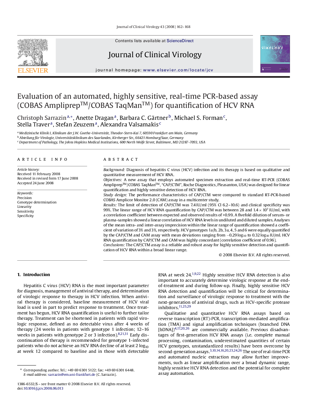 Evaluation of an automated, highly sensitive, real-time PCR-based assay (COBAS Ampliprep™/COBAS TaqMan™) for quantification of HCV RNA