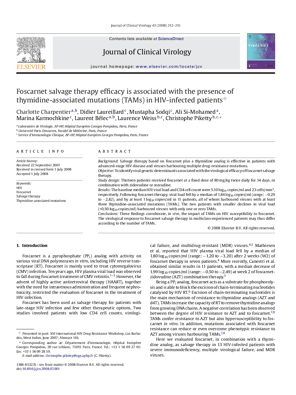 Foscarnet salvage therapy efficacy is associated with the presence of thymidine-associated mutations (TAMs) in HIV-infected patients 