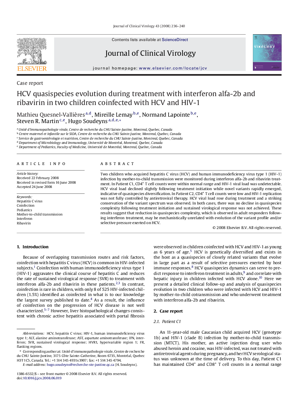 HCV quasispecies evolution during treatment with interferon alfa-2b and ribavirin in two children coinfected with HCV and HIV-1