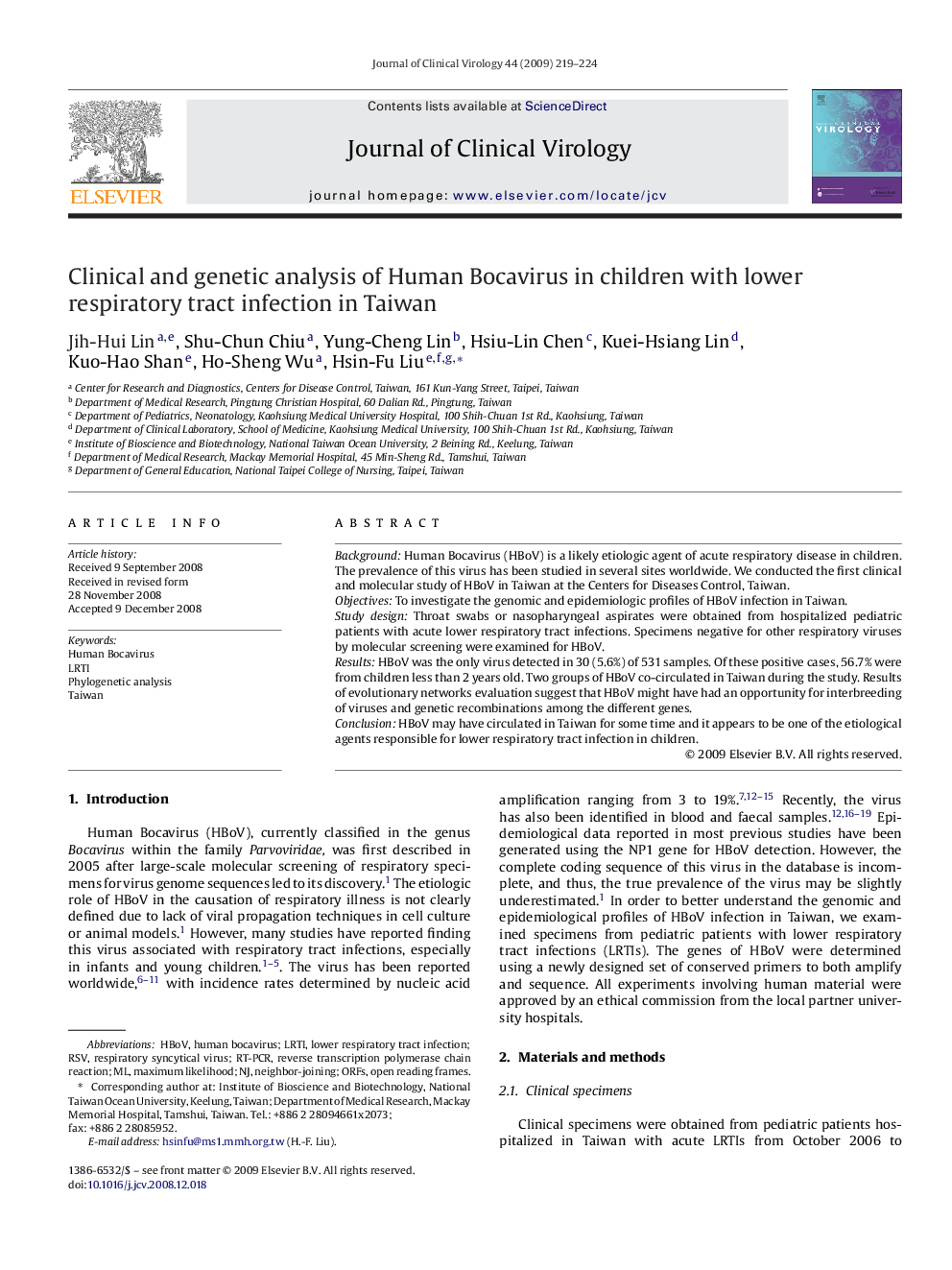 Clinical and genetic analysis of Human Bocavirus in children with lower respiratory tract infection in Taiwan