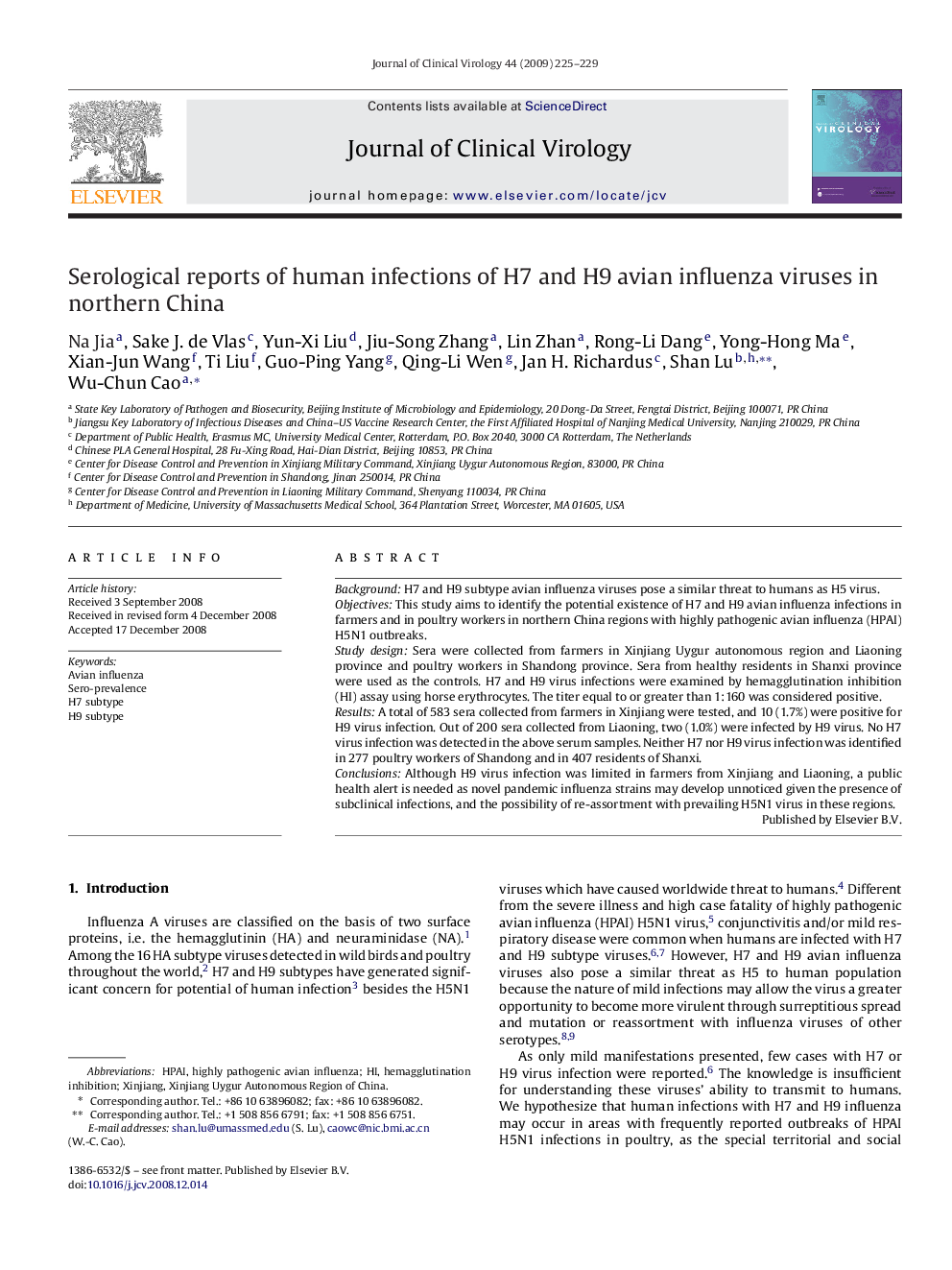 Serological reports of human infections of H7 and H9 avian influenza viruses in northern China