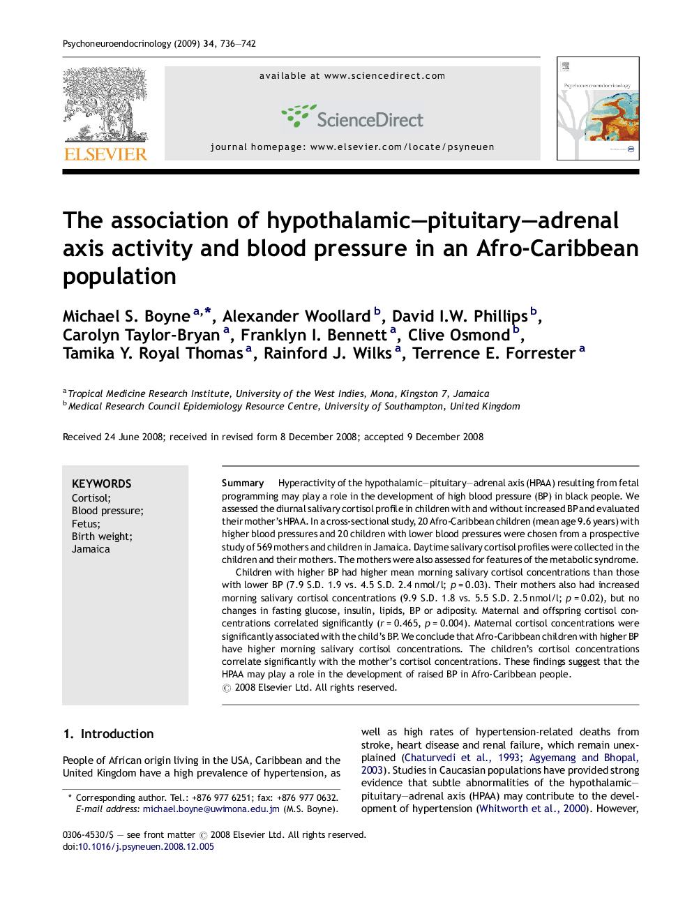 The association of hypothalamic–pituitary–adrenal axis activity and blood pressure in an Afro-Caribbean population