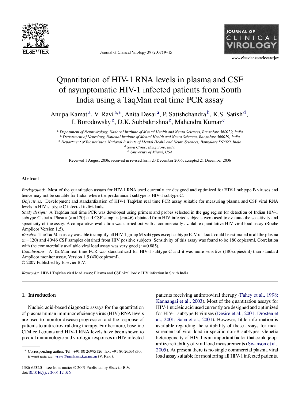 Quantitation of HIV-1 RNA levels in plasma and CSF of asymptomatic HIV-1 infected patients from South India using a TaqMan real time PCR assay