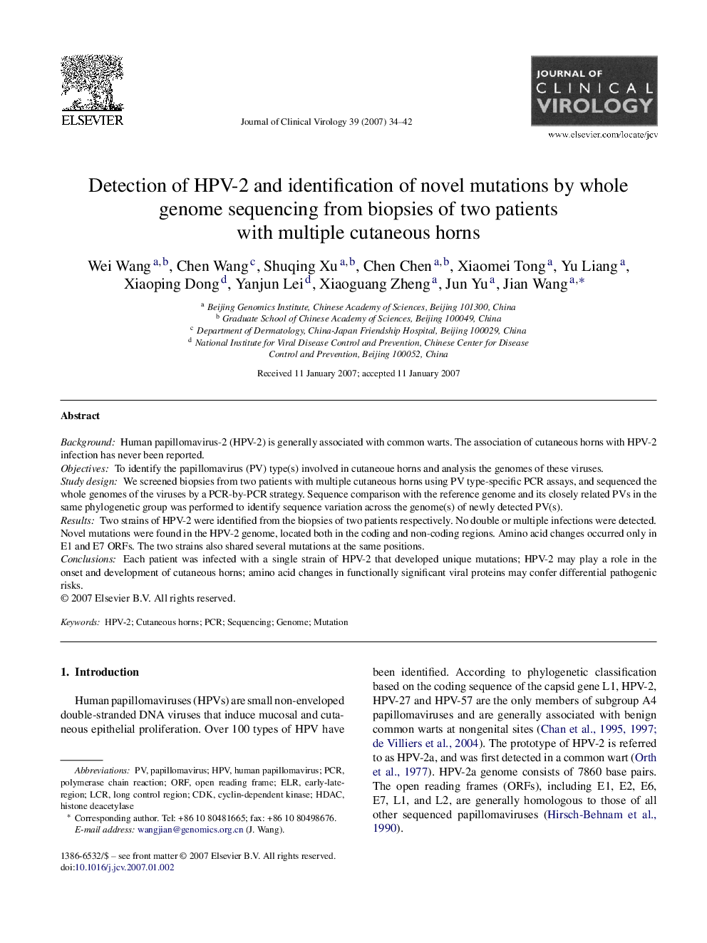 Detection of HPV-2 and identification of novel mutations by whole genome sequencing from biopsies of two patients with multiple cutaneous horns