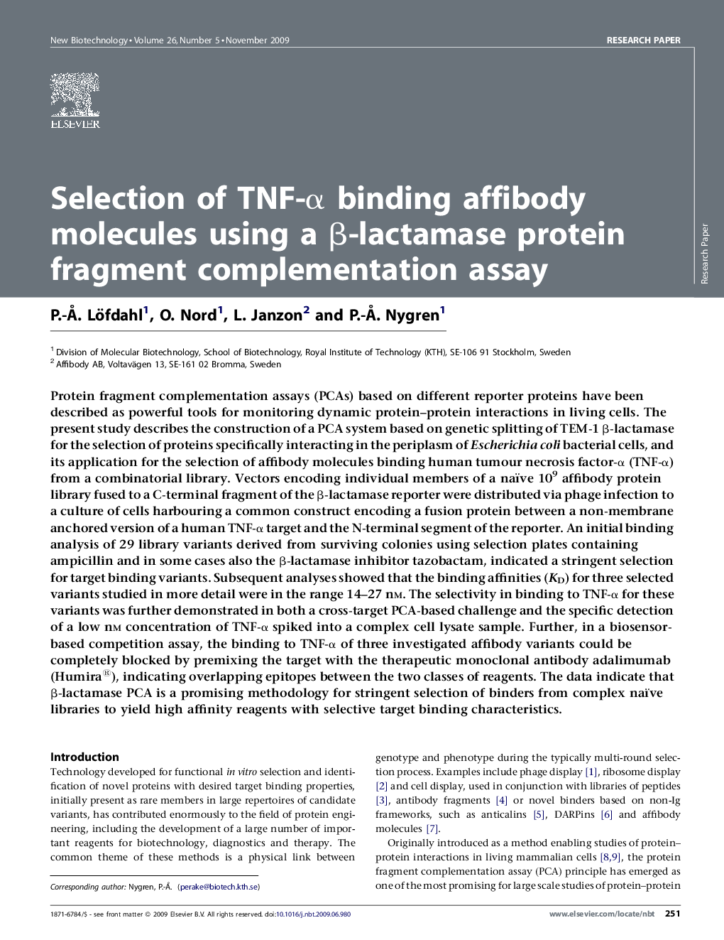 Selection of TNF-α binding affibody molecules using a β-lactamase protein fragment complementation assay