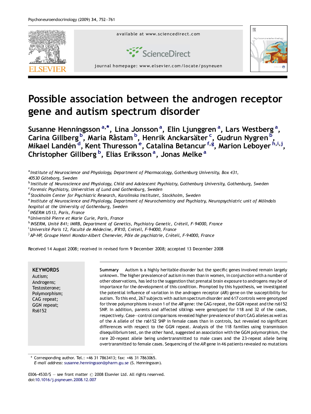 Possible association between the androgen receptor gene and autism spectrum disorder