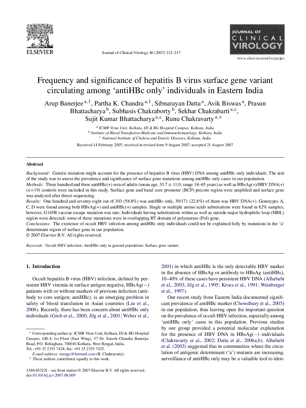 Frequency and significance of hepatitis B virus surface gene variant circulating among 'antiHBc only' individuals in Eastern India