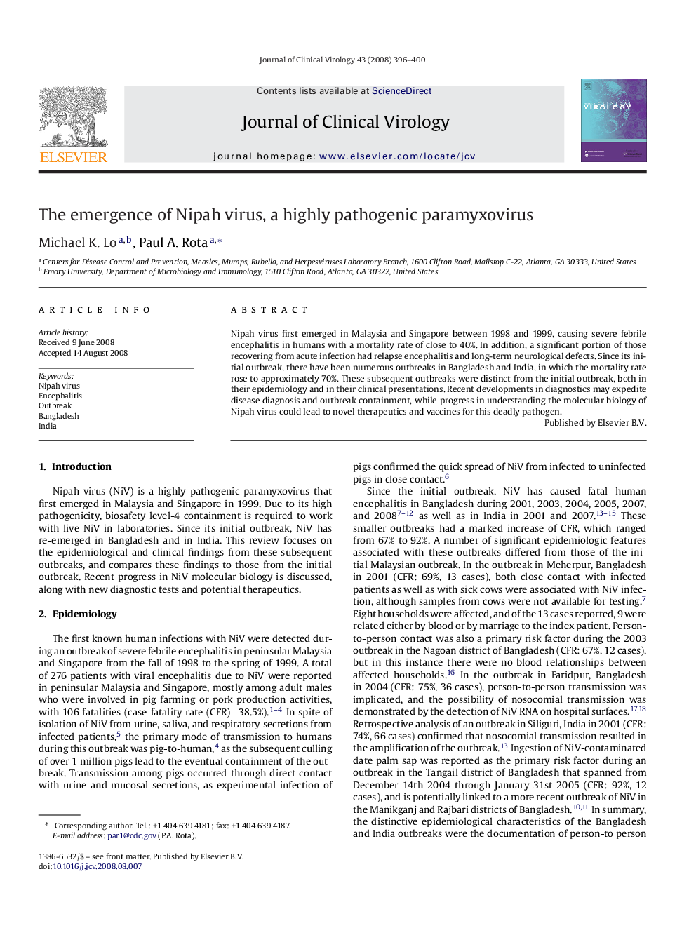 The emergence of Nipah virus, a highly pathogenic paramyxovirus