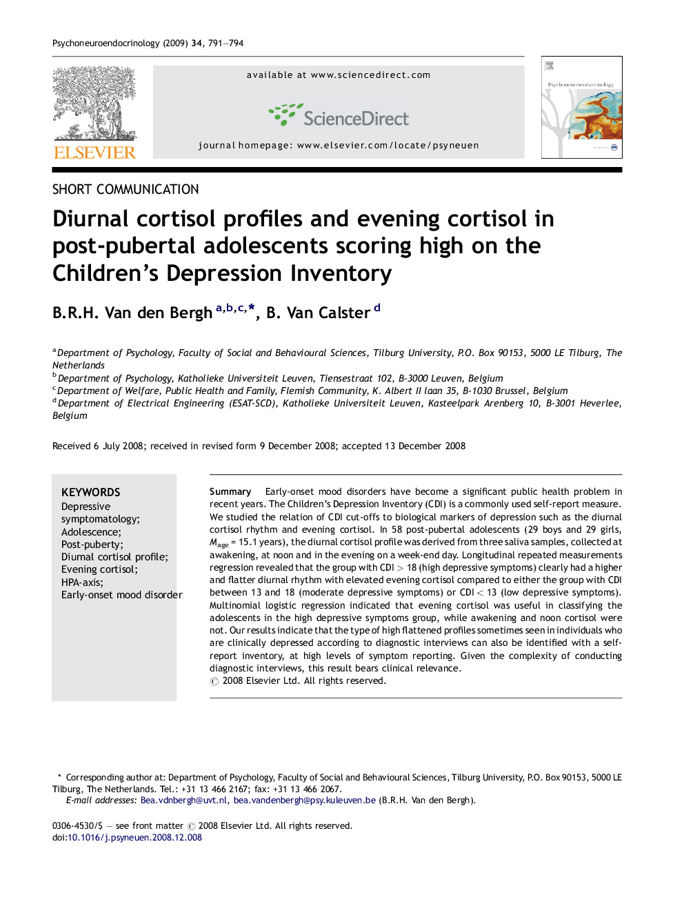 Diurnal cortisol profiles and evening cortisol in post-pubertal adolescents scoring high on the Children's Depression Inventory