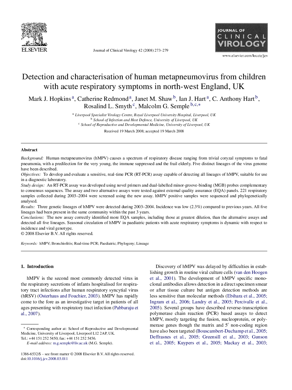 Detection and characterisation of human metapneumovirus from children with acute respiratory symptoms in north-west England, UK