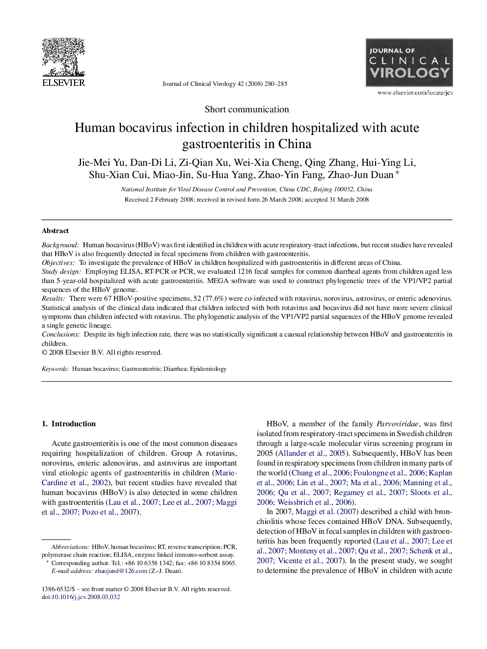 Human bocavirus infection in children hospitalized with acute gastroenteritis in China