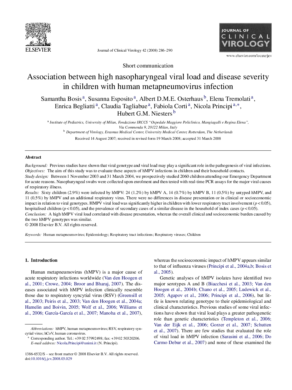 Association between high nasopharyngeal viral load and disease severity in children with human metapneumovirus infection