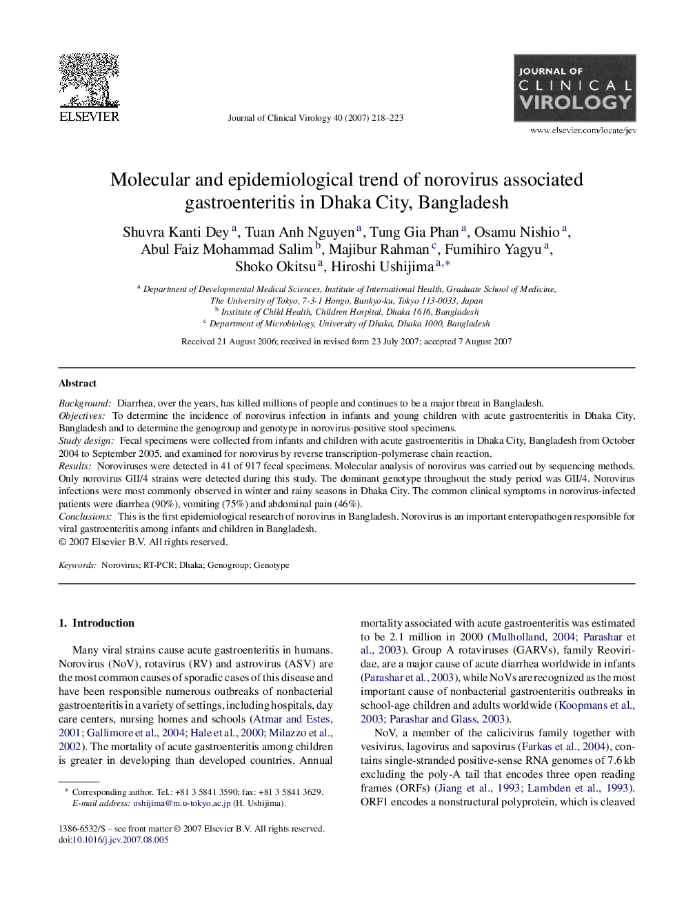 Molecular and epidemiological trend of norovirus associated gastroenteritis in Dhaka City, Bangladesh