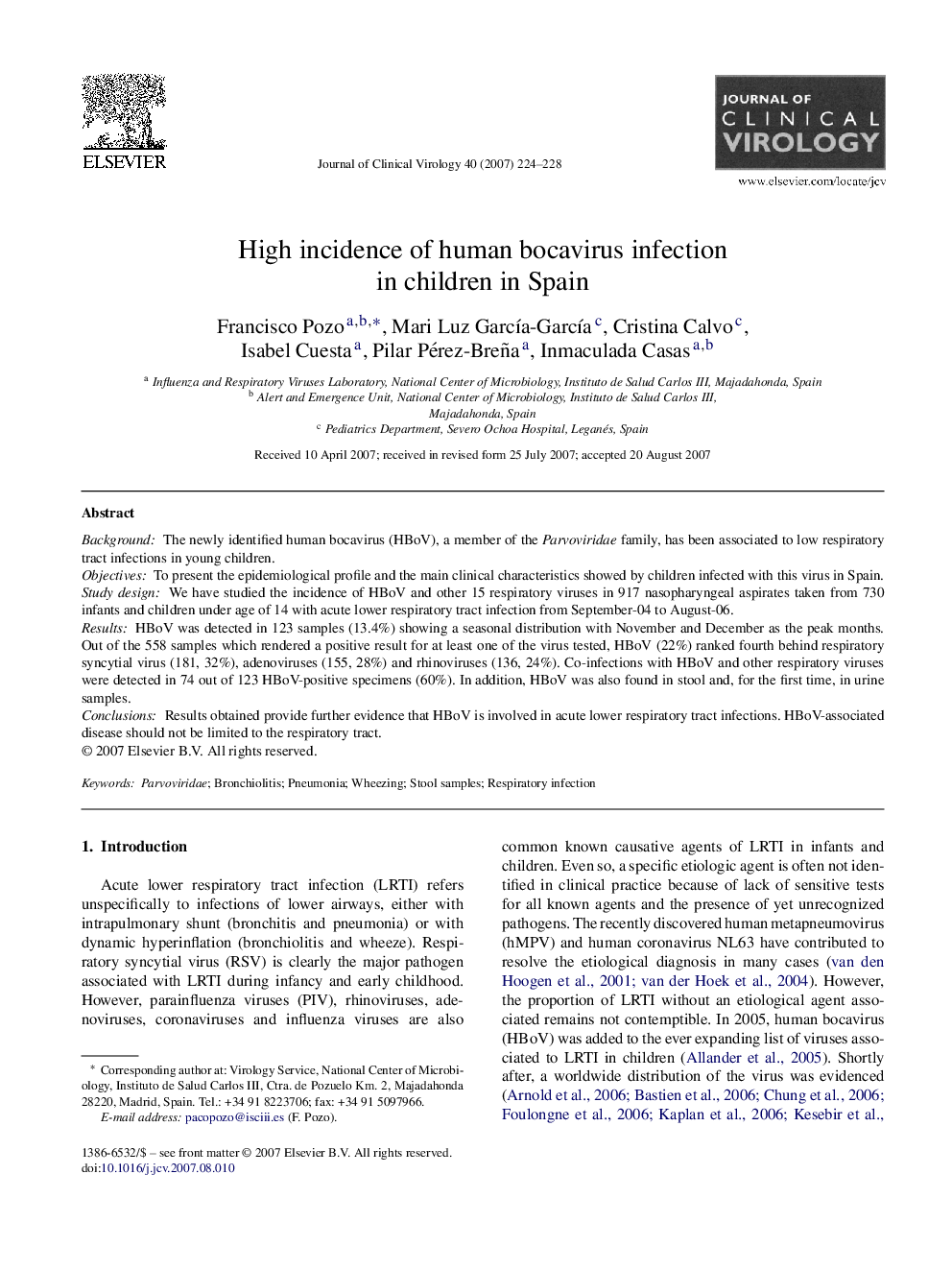 High incidence of human bocavirus infection in children in Spain