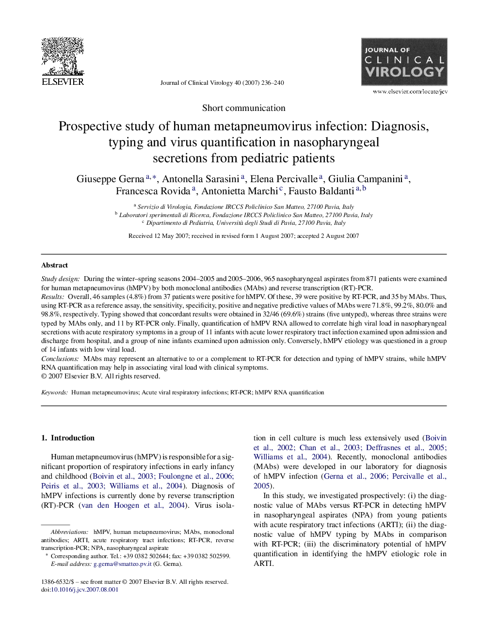 Prospective study of human metapneumovirus infection: Diagnosis, typing and virus quantification in nasopharyngeal secretions from pediatric patients