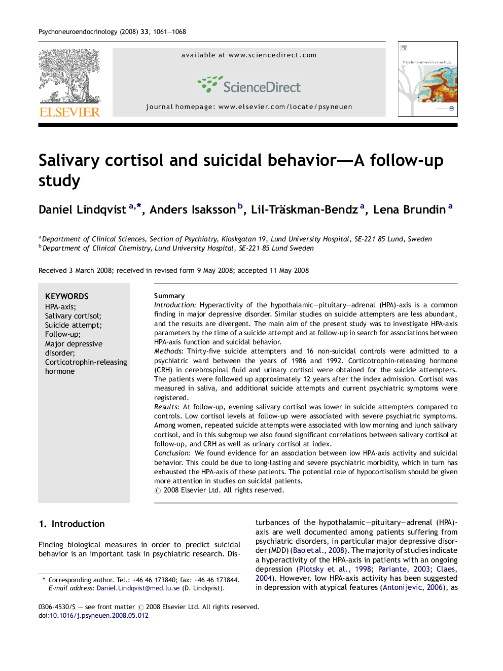 Salivary cortisol and suicidal behavior—A follow-up study