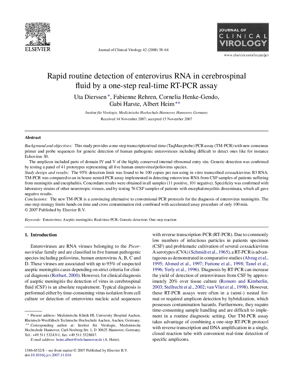 Rapid routine detection of enterovirus RNA in cerebrospinal fluid by a one-step real-time RT-PCR assay