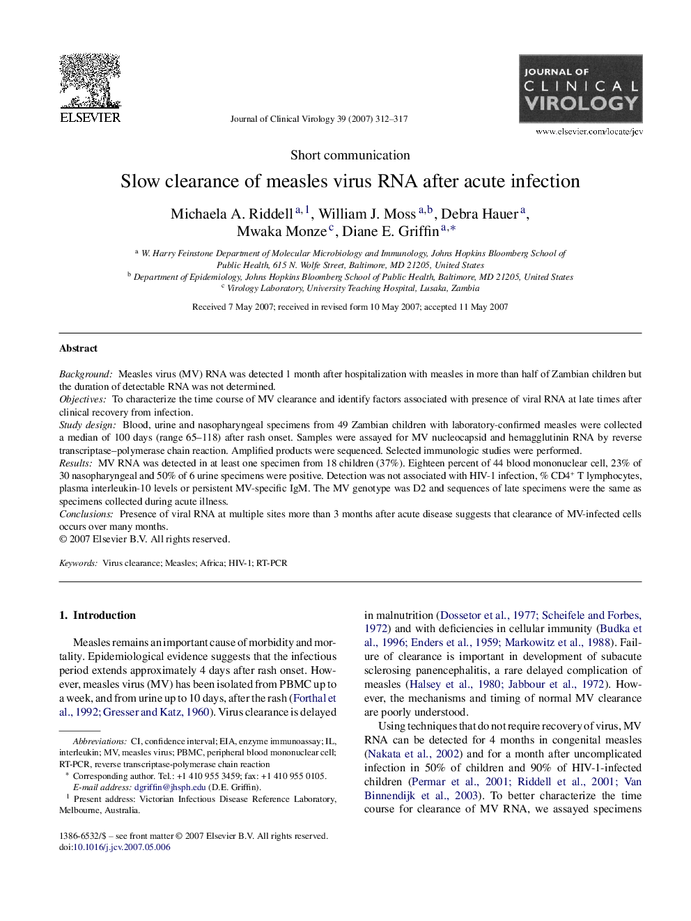 Slow clearance of measles virus RNA after acute infection