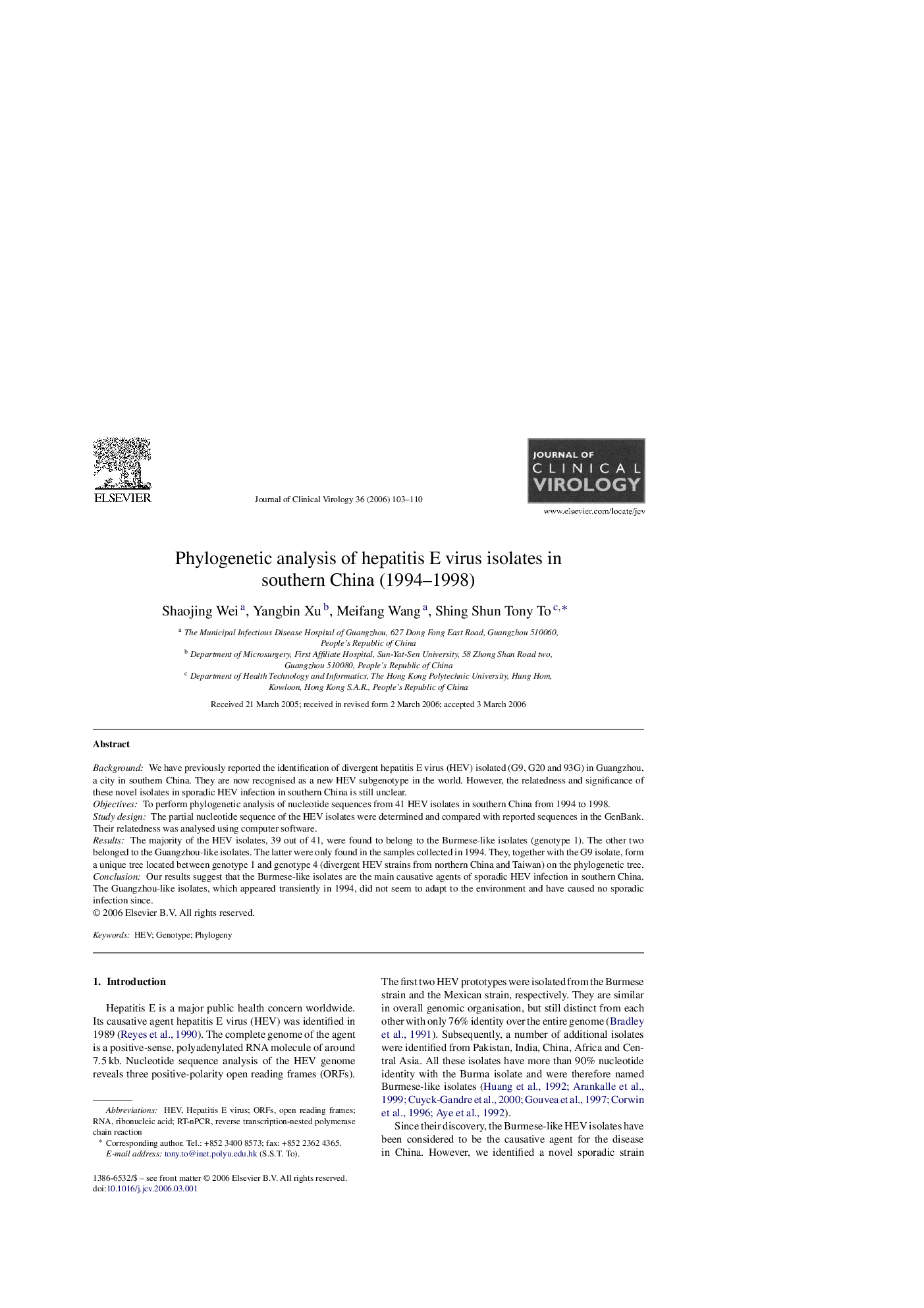 Phylogenetic analysis of hepatitis E virus isolates in southern China (1994–1998)