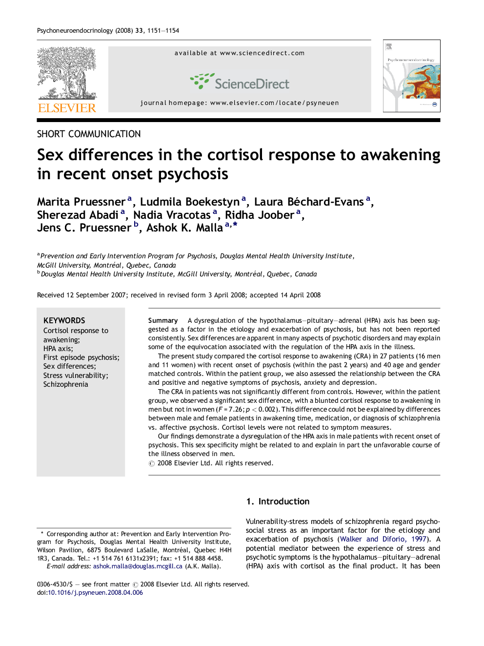 Sex differences in the cortisol response to awakening in recent onset psychosis