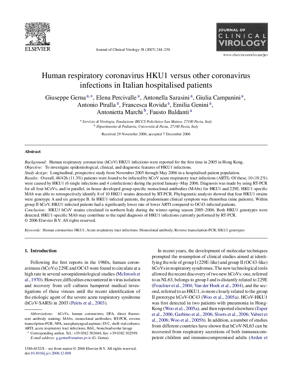 Human respiratory coronavirus HKU1 versus other coronavirus infections in Italian hospitalised patients