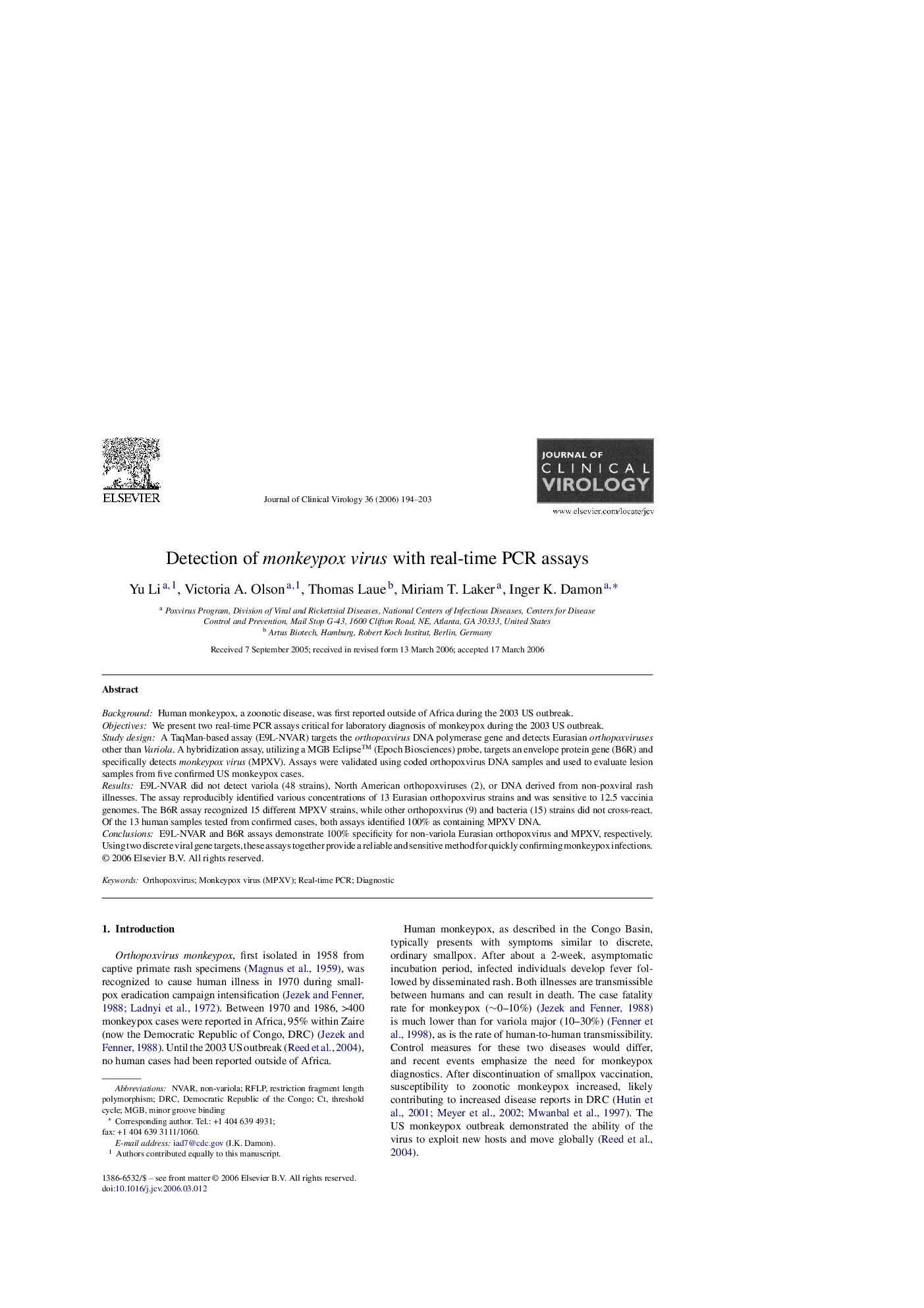 Detection of monkeypox virus with real-time PCR assays