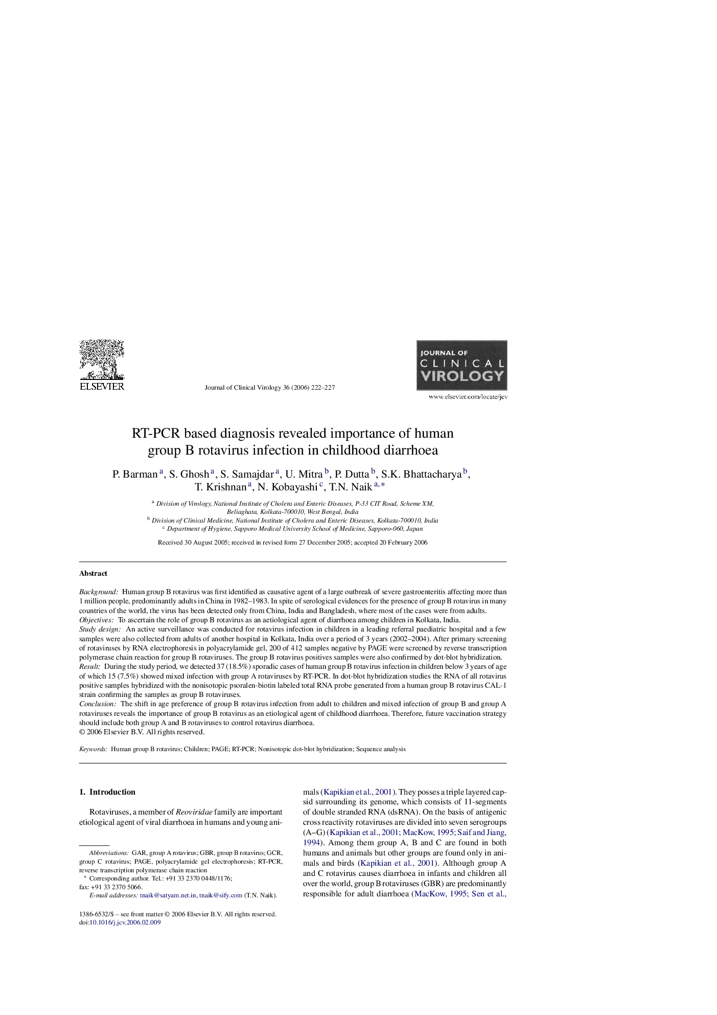 RT-PCR based diagnosis revealed importance of human group B rotavirus infection in childhood diarrhoea