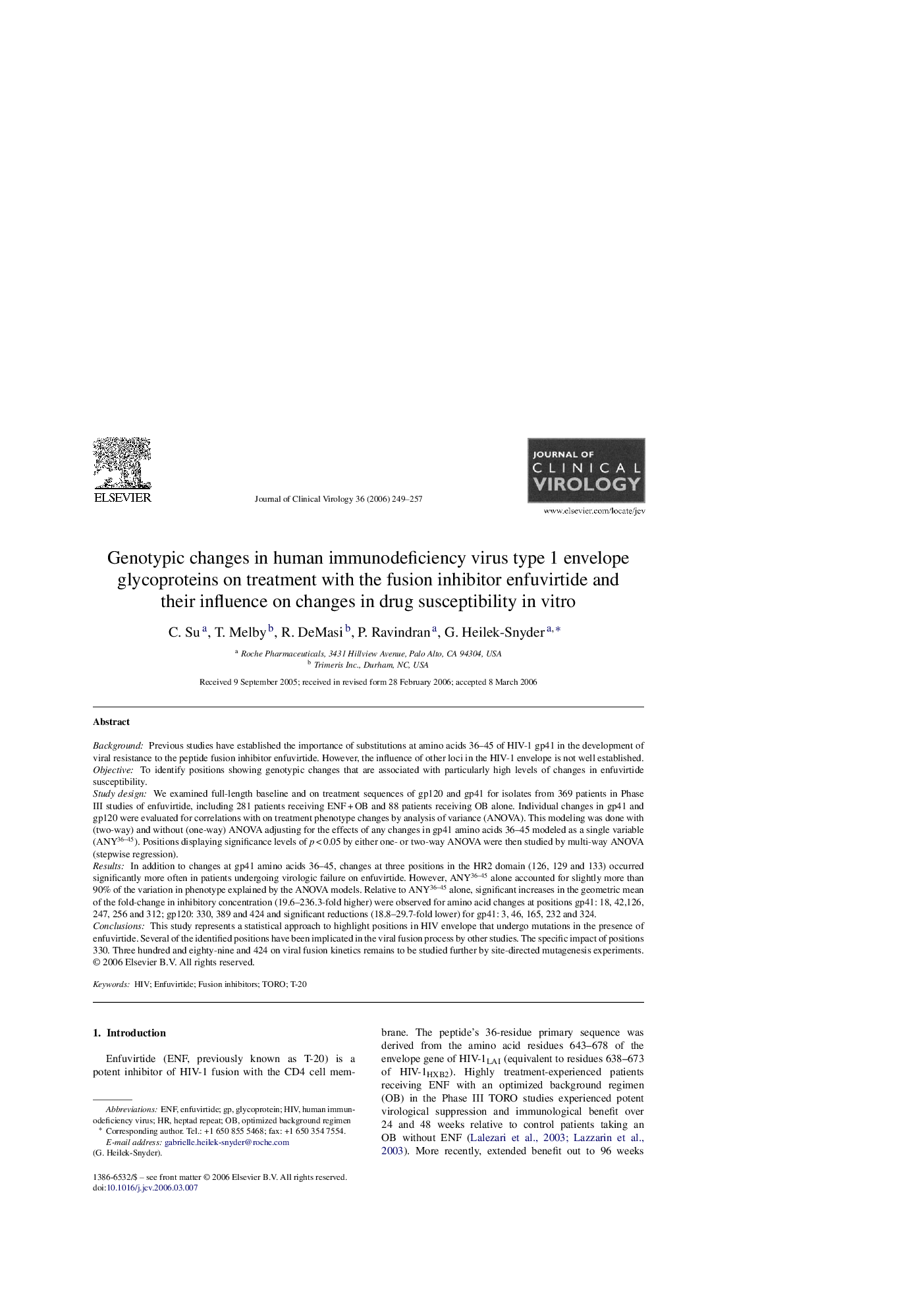 Genotypic changes in human immunodeficiency virus type 1 envelope glycoproteins on treatment with the fusion inhibitor enfuvirtide and their influence on changes in drug susceptibility in vitro