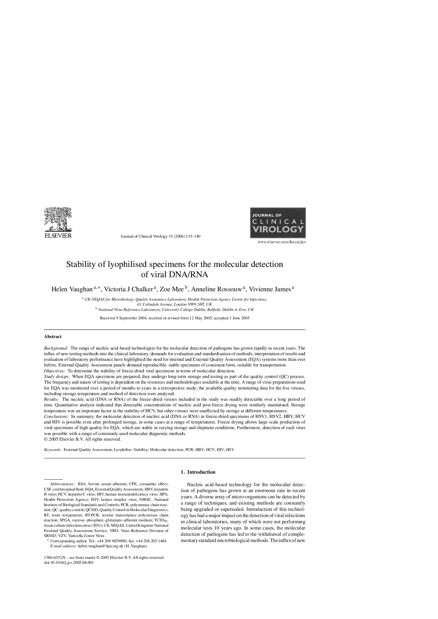 Stability of lyophilised specimens for the molecular detection of viral DNA/RNA