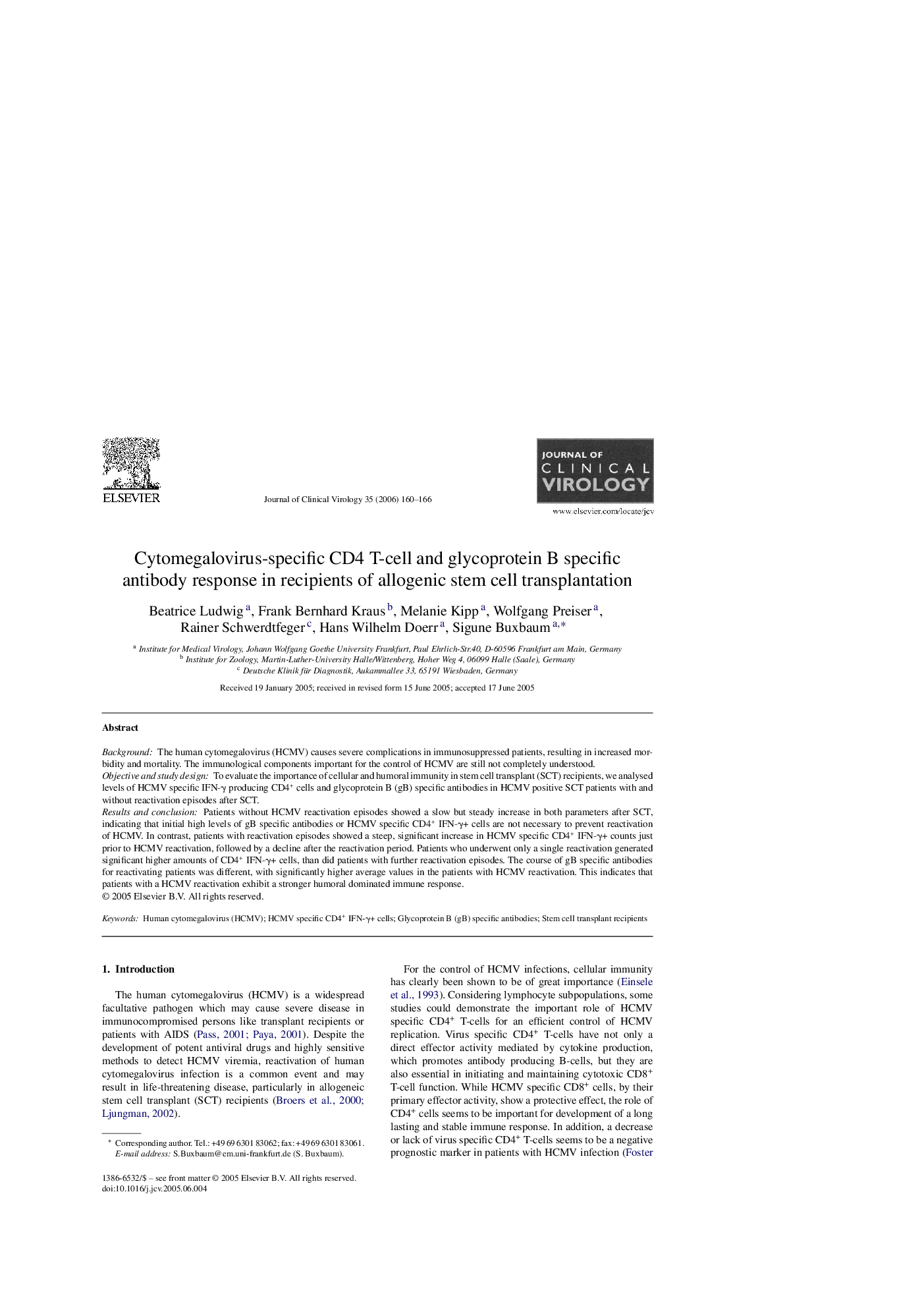 Cytomegalovirus-specific CD4 T-cell and glycoprotein B specific antibody response in recipients of allogenic stem cell transplantation