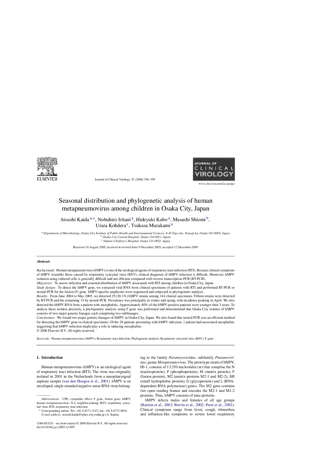 Seasonal distribution and phylogenetic analysis of human metapneumovirus among children in Osaka City, Japan