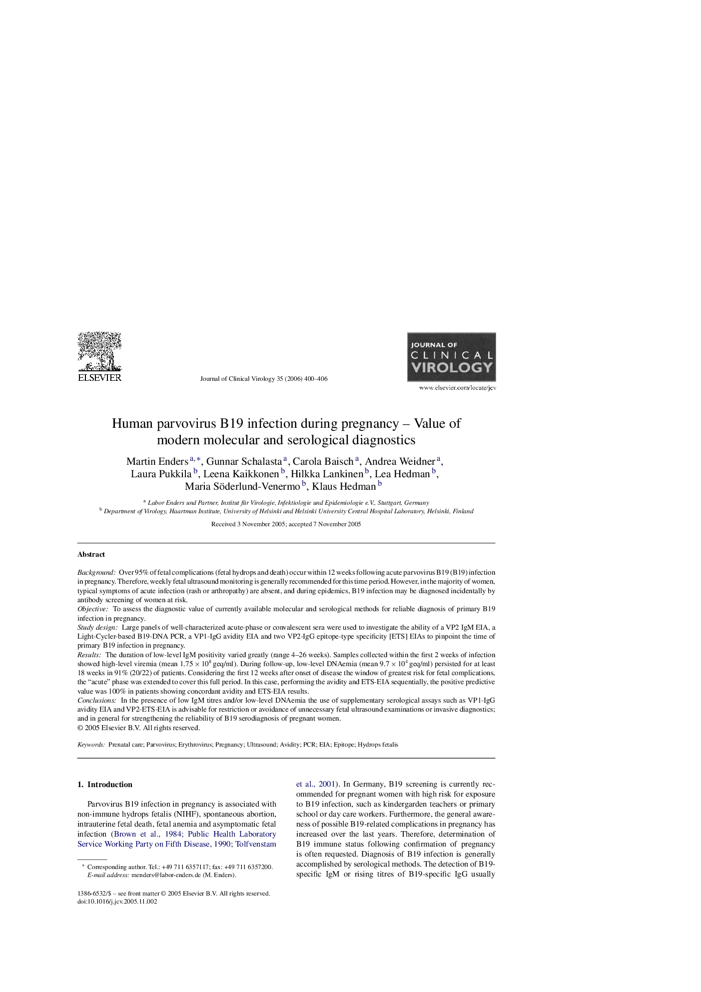 Human parvovirus B19 infection during pregnancy – Value of modern molecular and serological diagnostics