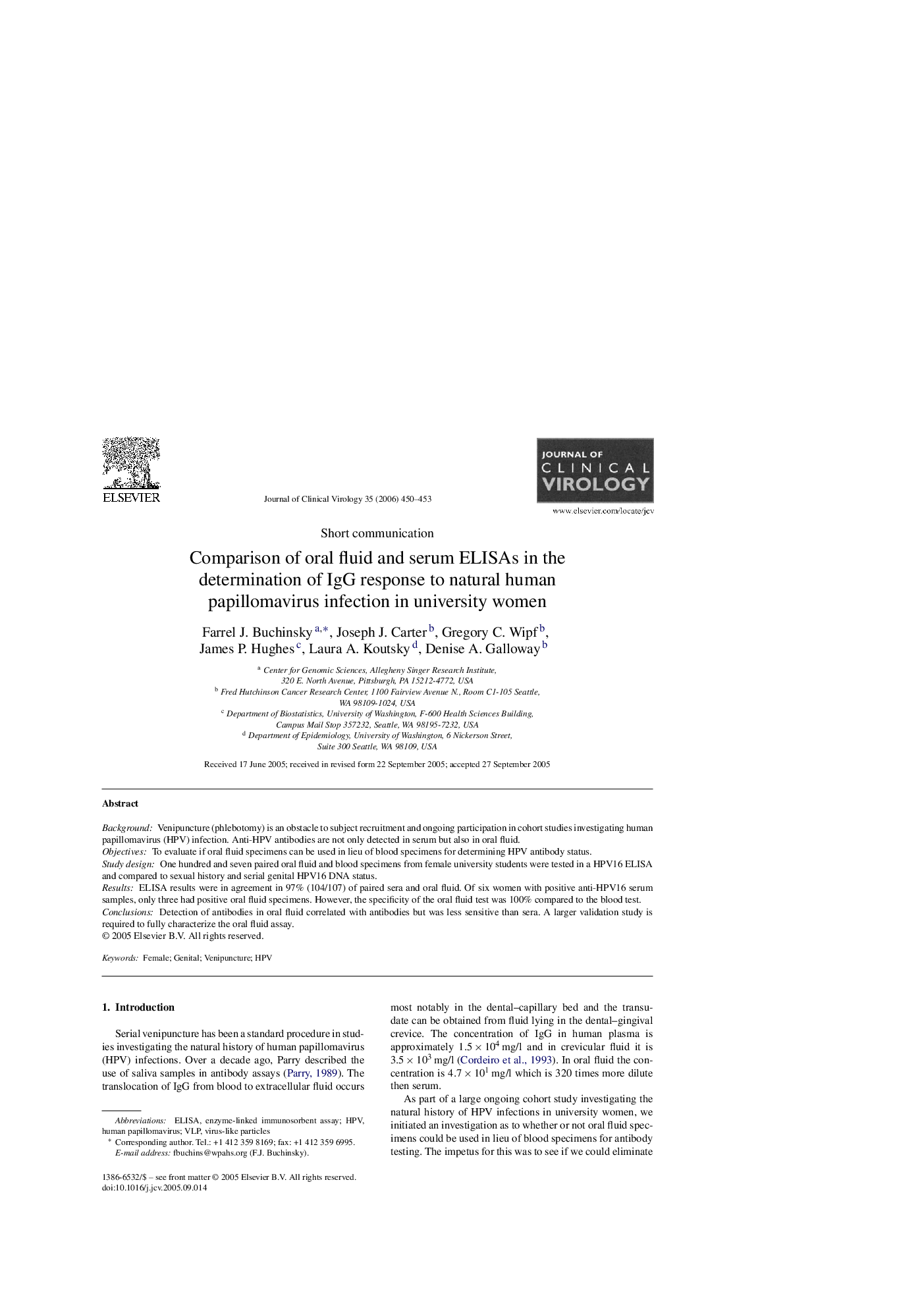 Comparison of oral fluid and serum ELISAs in the determination of IgG response to natural human papillomavirus infection in university women