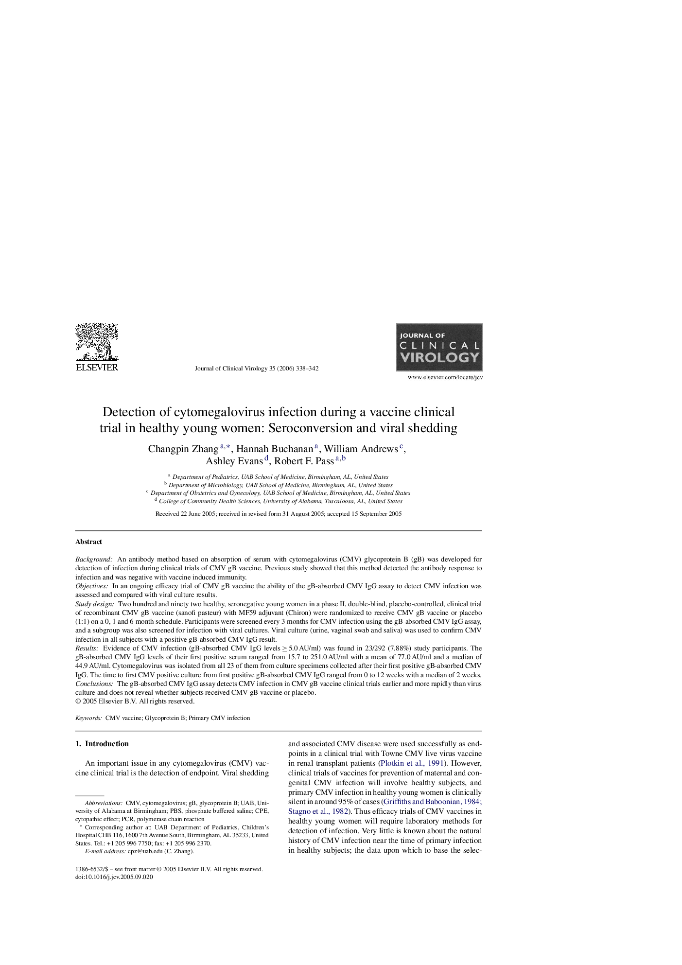 Detection of cytomegalovirus infection during a vaccine clinical trial in healthy young women: Seroconversion and viral shedding