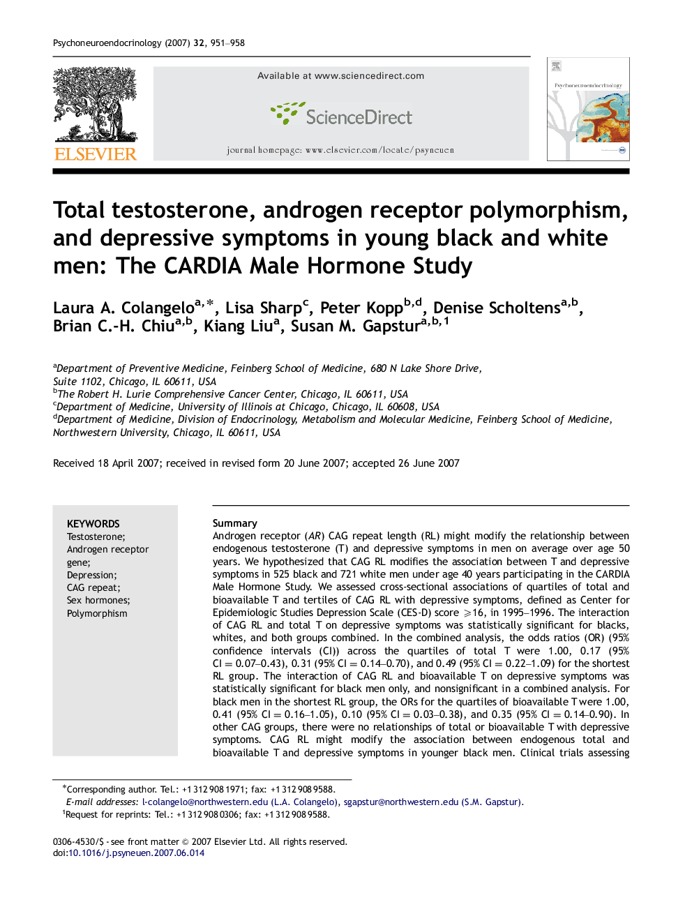 Total testosterone, androgen receptor polymorphism, and depressive symptoms in young black and white men: The CARDIA Male Hormone Study