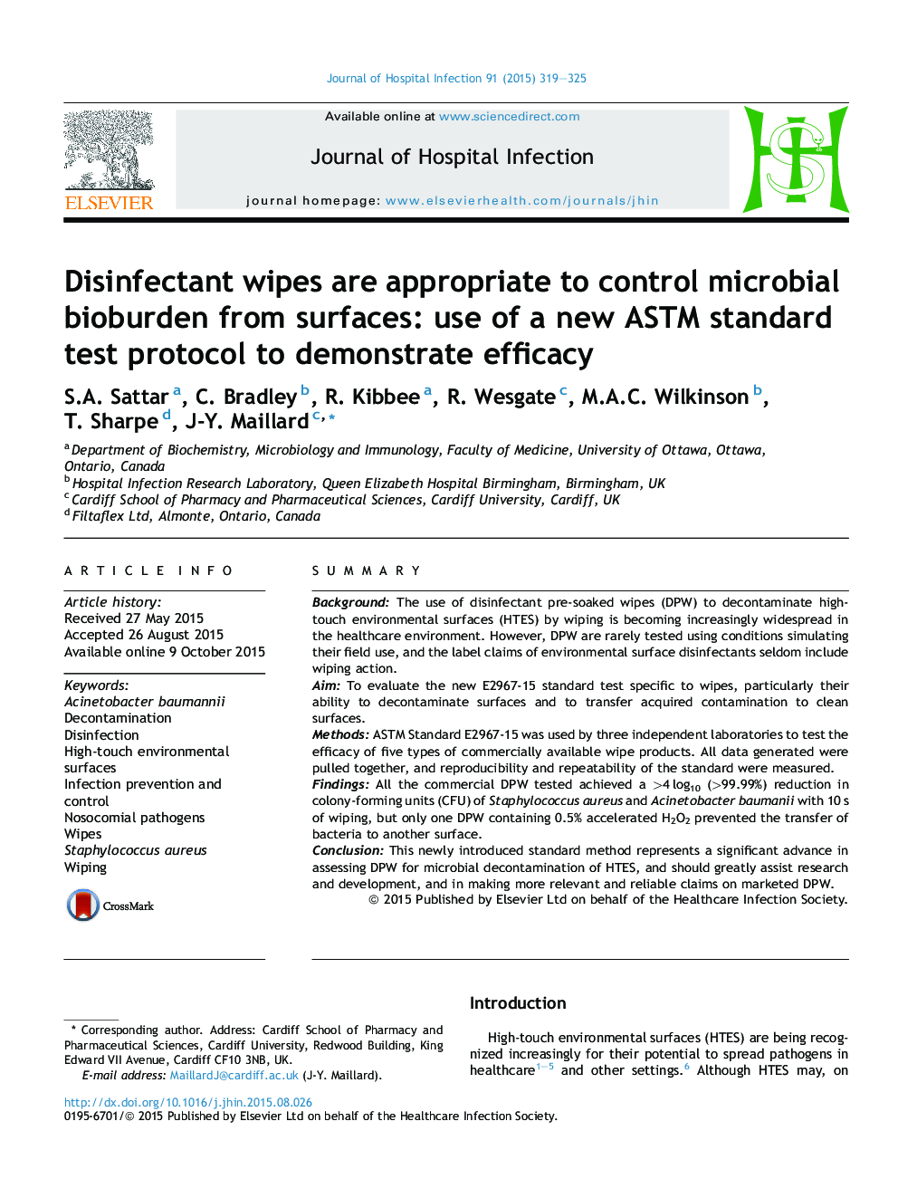 Disinfectant wipes are appropriate to control microbial bioburden from surfaces: use of a new ASTM standard test protocol to demonstrate efficacy