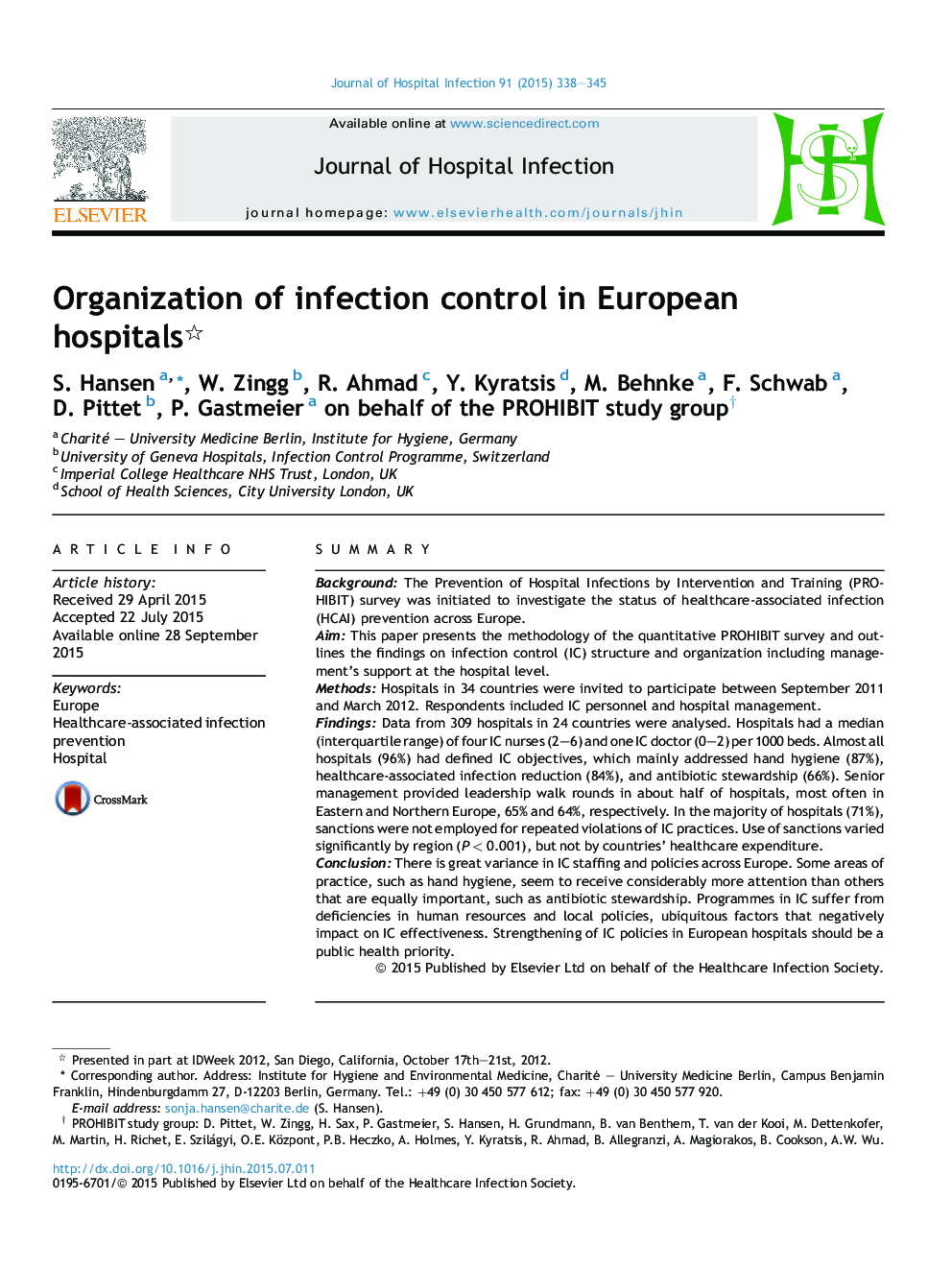 Organization of infection control in European hospitals 