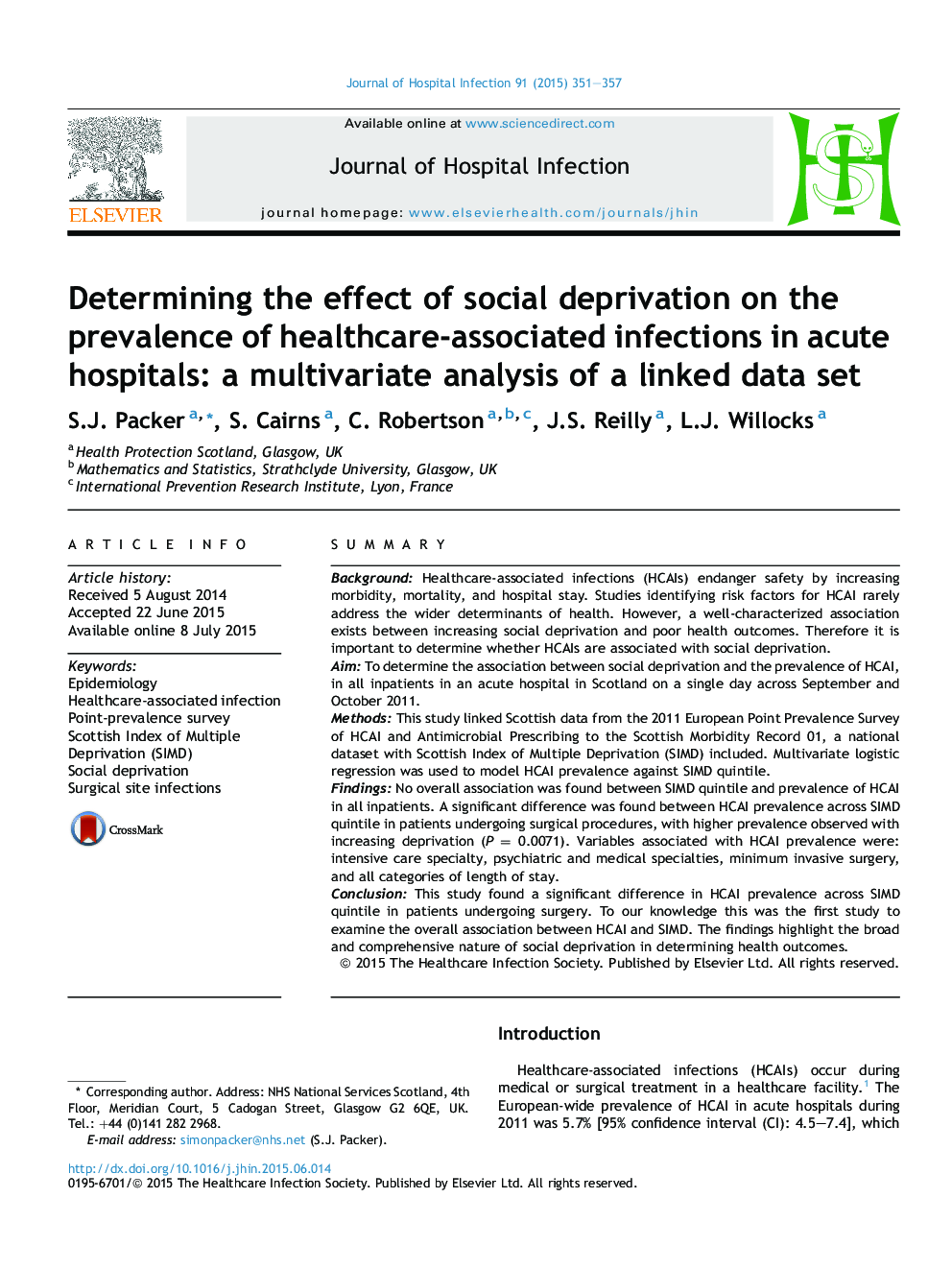 Determining the effect of social deprivation on the prevalence of healthcare-associated infections in acute hospitals: a multivariate analysis of a linked data set