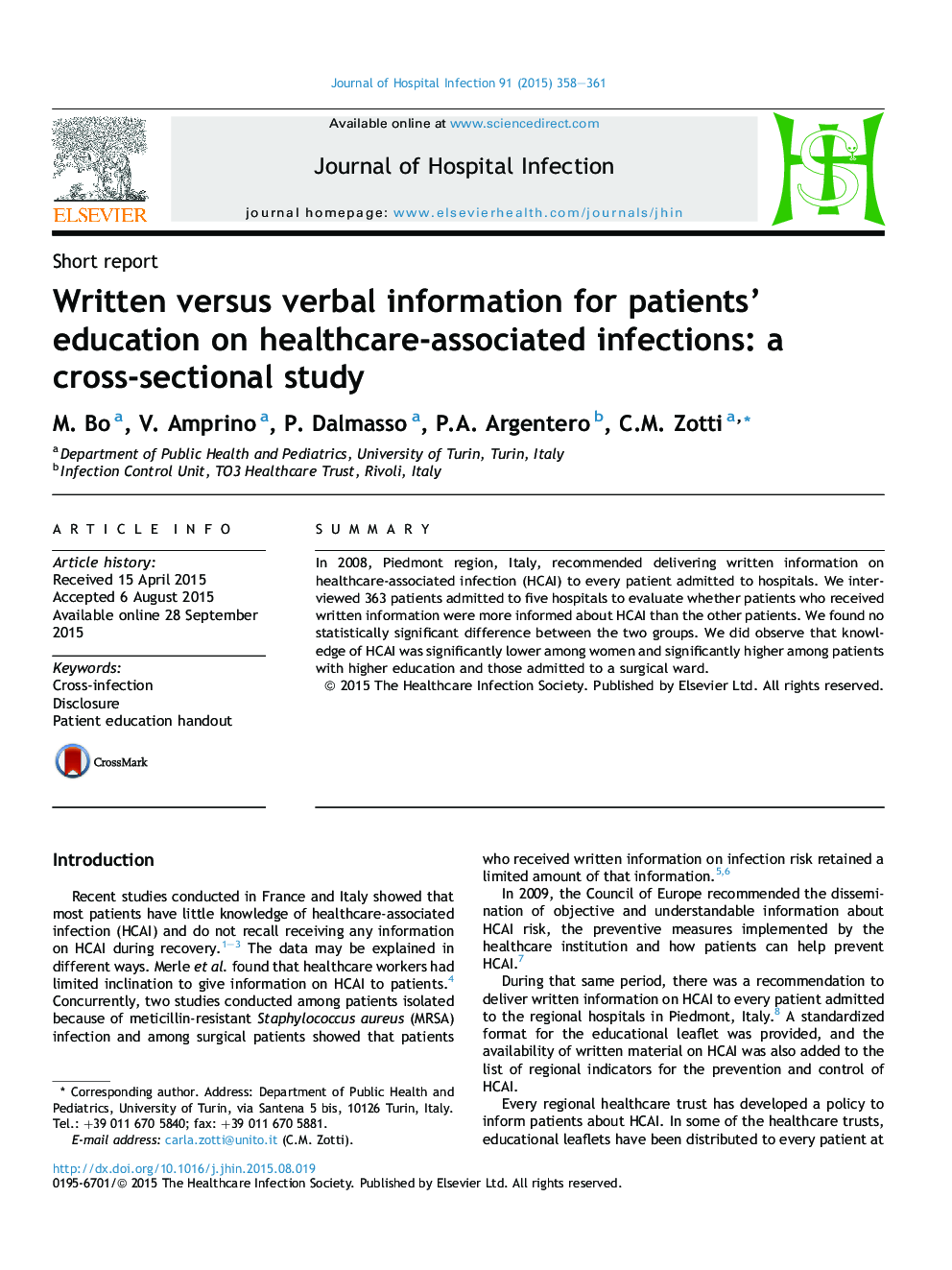 اطلاعاتی نوشته شده در مقابل اطلاعات کلامی برای آموزش بیماران مبتلا به عفونت های مرتبط با مراقبت های بهداشتی: یک مطالعه مقطعی 
