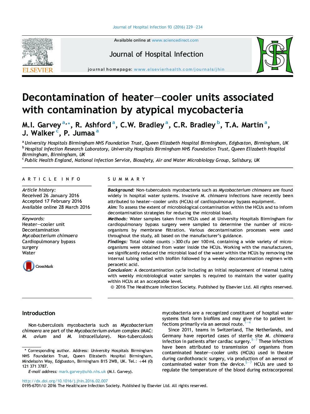 Decontamination of heater–cooler units associated with contamination by atypical mycobacteria