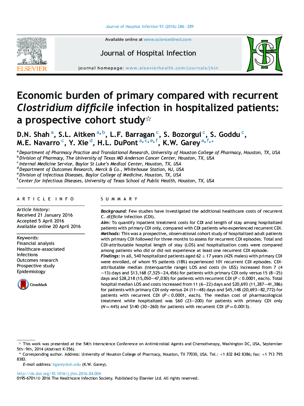 Economic burden of primary compared with recurrent Clostridium difficile infection in hospitalized patients: a prospective cohort study 