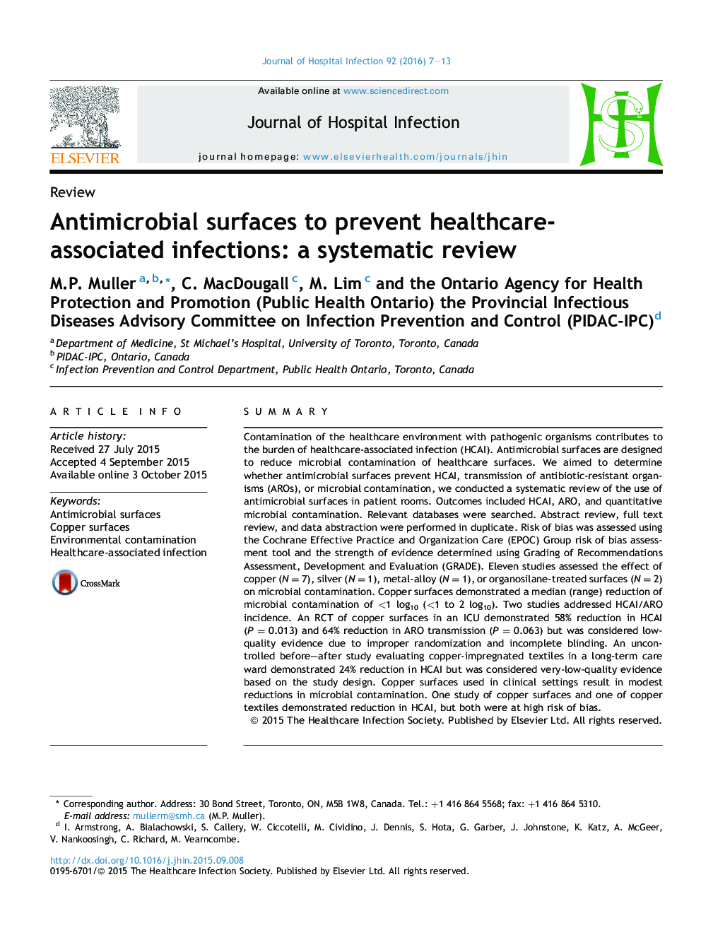 Antimicrobial surfaces to prevent healthcare-associated infections: a systematic review